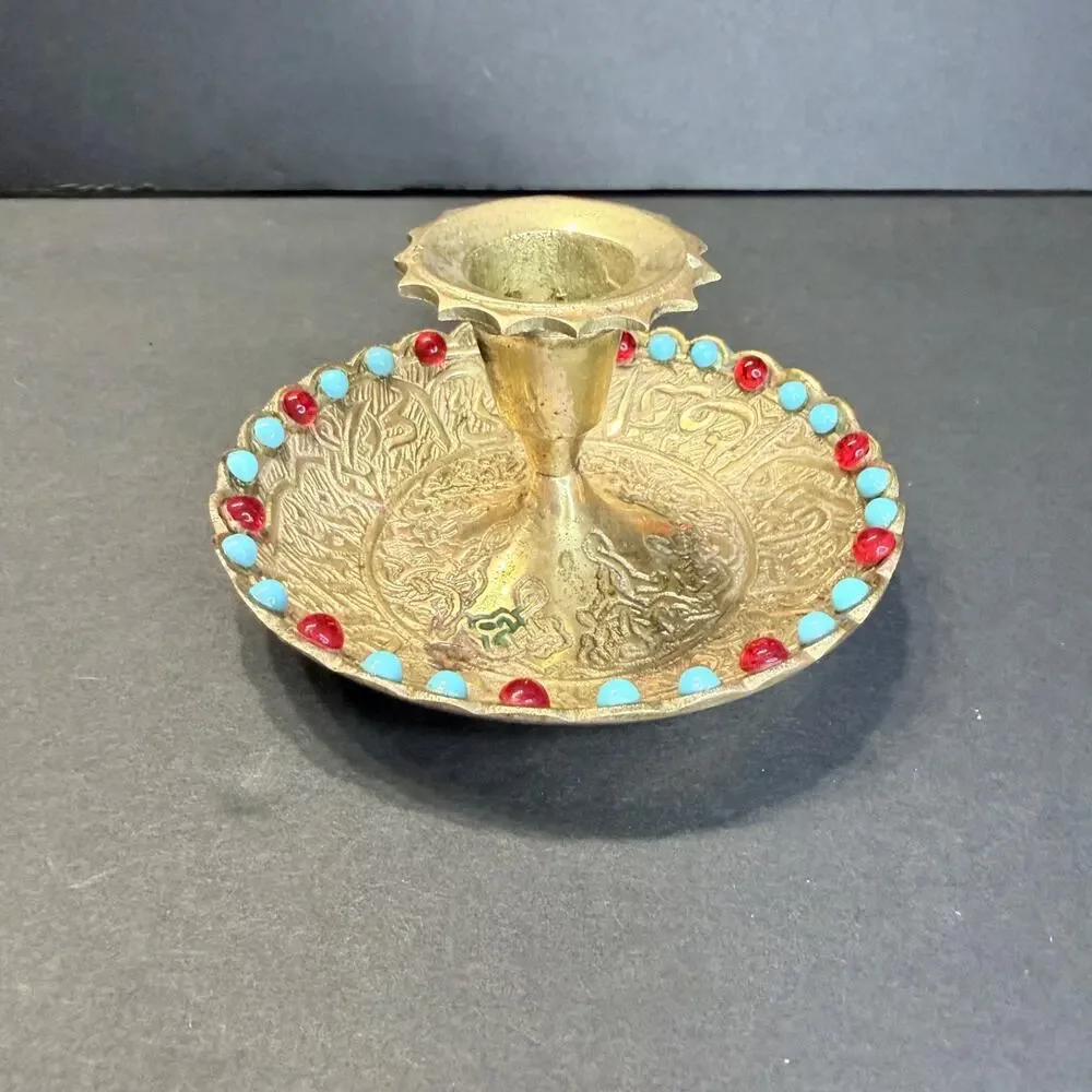 Vintage Damascus Brass Chamberstick Candle Holder Jeweled Turquoise Red Bead 4.5